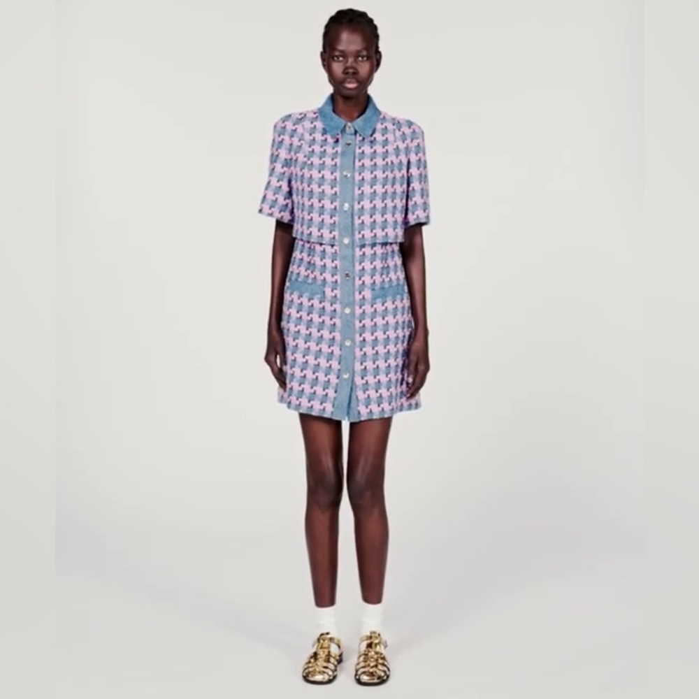 Sandro Amadora Denim Trim Houndstooth Tweed Mini Dress - Picture 3 of 13
